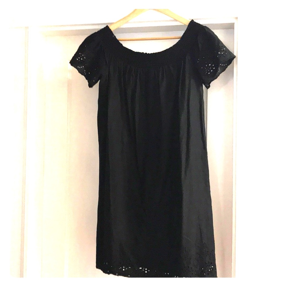 Black off shoulder cotton dress with eyelet detail